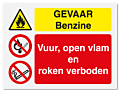 Waarschuwingsbord Gevaar benzine - vuur, open vlam en roken verboden vanaf 20 x 15 cm