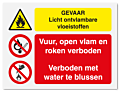 Waarschuwingsbord Gevaar licht ontvlambare vloeistoffen - vuur, open vlam en roken verboden - 20 x 15 cm