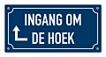 Tekstbord Ingang om de hoek met pijl links 20 x 10 cm blauw