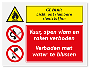 Waarschuwingsbord Gevaar licht ontvlambare stoffen - vuur en roken verboden - verboden met water blussen vanaf 20 x 15 cm