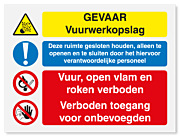 Waarschuwingsbord Gevaar vuurwerkopslag - vuur, open vlam en roken - onbevoegden verboden vanaf 20 x 15 cm