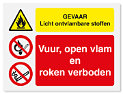 Waarschuwingsbord Gevaar licht ontvlambare stoffen - vuur, open vlam en roken verboden vanaf 20 x 15 cm