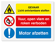 Waarschuwingsbord Gevaar licht ontvlambare stoffen - vuur en roken verboden - motor afzetten vanaf 20 x 15 cm