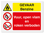 Waarschuwingsbord Gevaar benzine - vuur, open vlam en roken verboden vanaf 20 x 15 cm