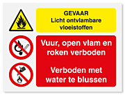 Waarschuwingsbord Gevaar licht ontvlambare vloeistoffen - vuur, open vlam en roken verboden - 20 x 15 cm