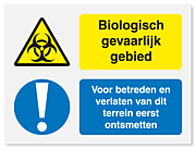 Waarschuwingsbord Gevaar biologisch gebied - voor betreden en verlaten van terrein eerst ontsmetten vanaf 20 x 15 cm
