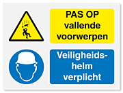 Waarschuwingsbord Vallende voorwerpen - veiligheidshelm verplicht vanaf 20 x 15 cm