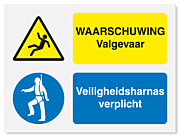Waarschuwingsbord Valgevaar - veiligheidsharnas verplicht vanaf 20 x 15 cm