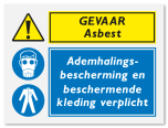 Waarschuwingsbord Gevaar asbest - ademhalingsbescherming en beschermende kleding verplicht vanaf 20 x 15 cm