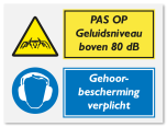 Waarschuwingsbord Pas op geluidsniveau boven 80 dB - gehoorbescherming verplicht vanaf 20 x 15 cm