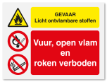 Waarschuwingsbord Gevaar licht ontvlambare stoffen - vuur, open vlam en roken verboden vanaf 20 x 15 cm