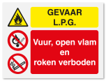 Waarschuwingsbord Gevaar L.P.G - Vuur, open vlam en roken verboden vanaf 20 x 15 cm