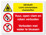 Waarschuwingsbord Gevaar licht ontvlambare vloeistoffen - vuur, open vlam en roken verboden - 20 x 15 cm