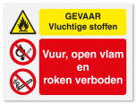 Waarschuwingsbord Gevaar vluchtige stoffen - vuur, open vlam en roken verboden vanaf 20 x 15 cm