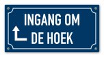 Tekstbord Ingang om de hoek met pijl links 20 x 10 cm blauw