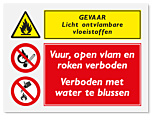 Waarschuwingsbord Gevaar licht ontvlambare stoffen - vuur en roken verboden - verboden met water blussen vanaf 20 x 15 cm