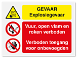 Waarschuwingsbord Gevaar Explosiegevaar - vuur, open vlam en roken en onbevoegden verboden vanaf 20 x 15 cm