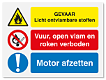 Waarschuwingsbord Gevaar licht ontvlambare stoffen - vuur en roken verboden - motor afzetten vanaf 20 x 15 cm