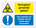 Waarschuwingsbord Gevaar biologisch gebied - voor betreden en verlaten van terrein eerst ontsmetten vanaf 20 x 15 cm