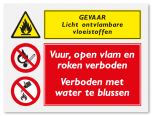 Waarschuwingsbord Gevaar licht ontvlambare stoffen - vuur en roken verboden - verboden met water blussen vanaf 20 x 15 cm