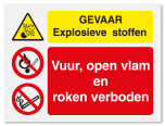 Waarschuwingsbord Gevaar explosieve stoffen - vuur, open vlam en roken verboden vanaf 20 x 15 cm
