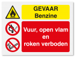 Waarschuwingsbord Gevaar benzine - vuur, open vlam en roken verboden vanaf 20 x 15 cm