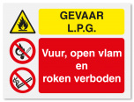 Waarschuwingsbord Gevaar L.P.G - Vuur, open vlam en roken verboden vanaf 20 x 15 cm