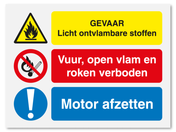 Gevaar licht ontvlambare stoffen - vuur en roken verboden - motor afzetten