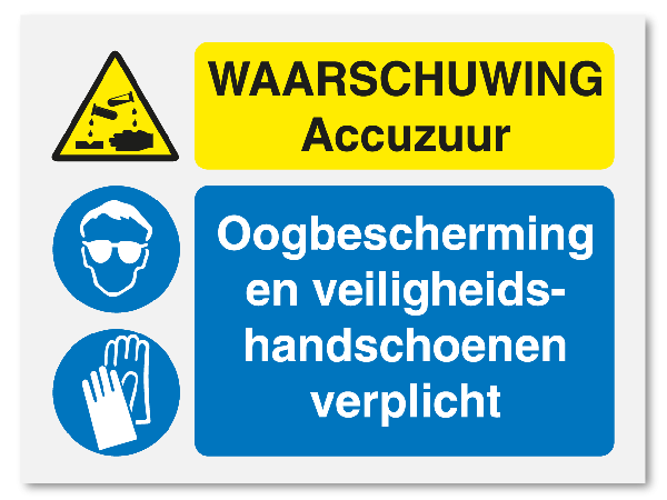 Waarschuwing accuzuur - oogbescherming en handschoenen verplicht