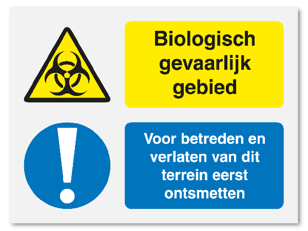 Gevaar biologisch gebied - voor betreden en verlaten van terrein eerst ontsmetten