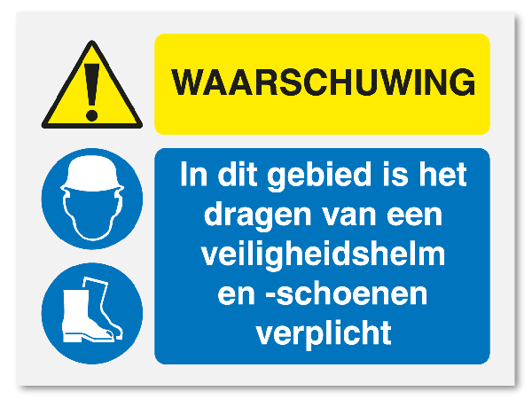 Waarschuwing - veiligheidshelm en schoenen verplicht