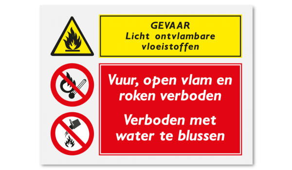 Gevaar licht ontvlambare stoffen - vuur en roken verboden - verboden met water blussen