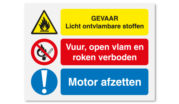 Gevaar licht ontvlambare stoffen - vuur en roken verboden - motor afzetten