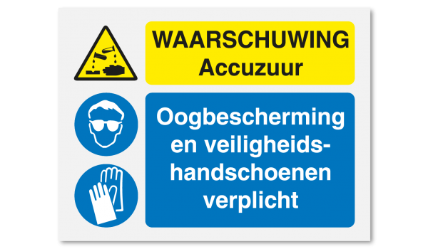 Waarschuwing accuzuur - oogbescherming en handschoenen verplicht